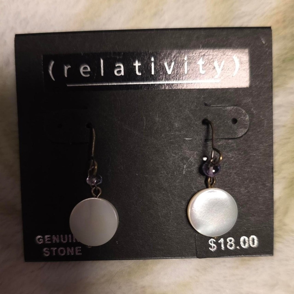 Relativity Silver Tone Genuine Stone Drop Earrings Purple Bead Accent NWT